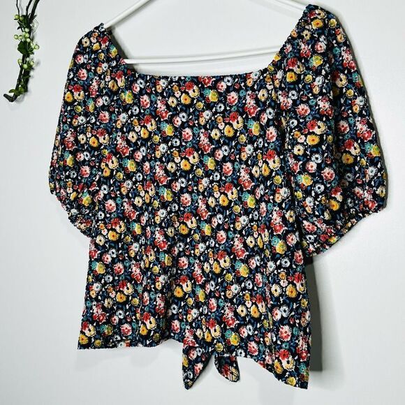 LOFT Floral Blue Blouson Sleeves Elastic Off Shoulder Front Tie NWT! - Picture 10 of 12